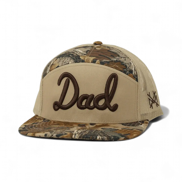 Dad Trucker Hat: 7 Panel Duck Camo/Brown/Duck Camo