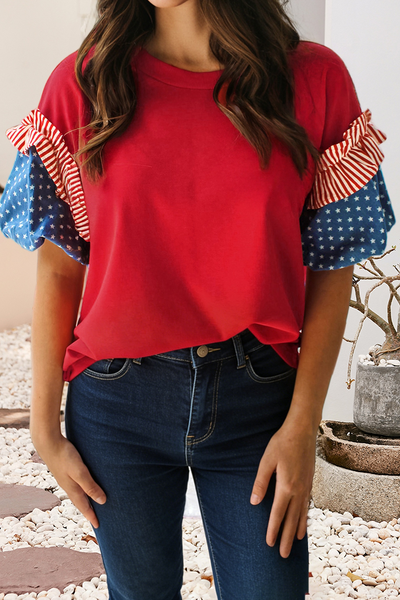 LDC Stars Stripes Round Neck Short Puff Sleeve Top