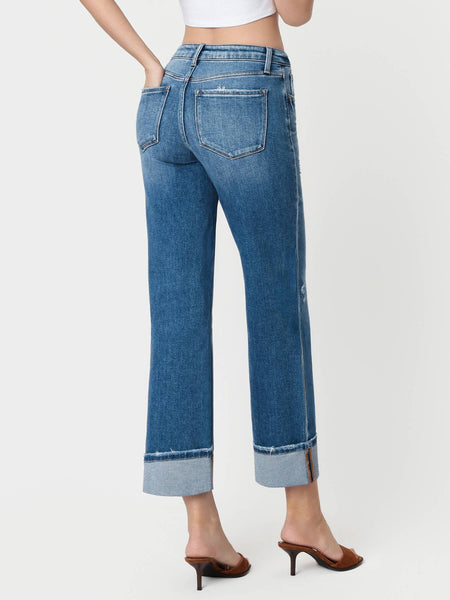 HIGH RISE MEDIUM DARK WASH CUFFED SLIM WIDE JEANS F5992: DARK STONE