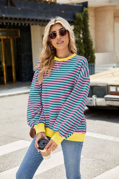 Striped Crew Neck Contrast Color Loose Long Sleeve Sweater: Black and white stripes