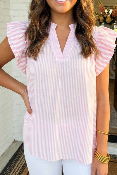 LAS Stripe Contrast V Neck Flutter Sleeve Blouse Pink Stripe