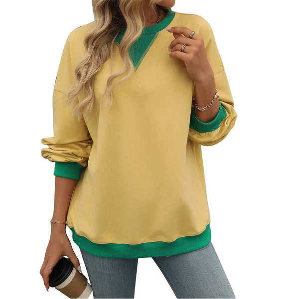 Solid Color Round Neck Fork Loose Sweatshirt Sweater: Off-white