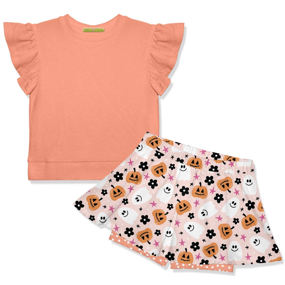 Girls Coral Fr Terry Top & Pumpkin Ghost Skort: