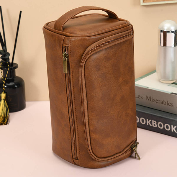 RETRO TRAVEL LEATHER COSMETIC BAG : Brown