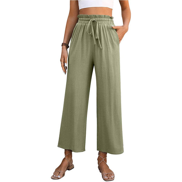 Casual High Waisted Loose Trousers: Beige / 30% Linen + 70% Rayon