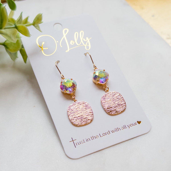 AB Stone w/Gold Textured Square Dangle Earrings “Kinsley”