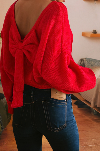 LDC Bow Backless Bubble Sleeve Festive Sweater: Fiery Red