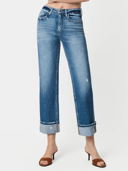 HIGH RISE MEDIUM DARK WASH CUFFED SLIM WIDE JEANS F5992: DARK STONE