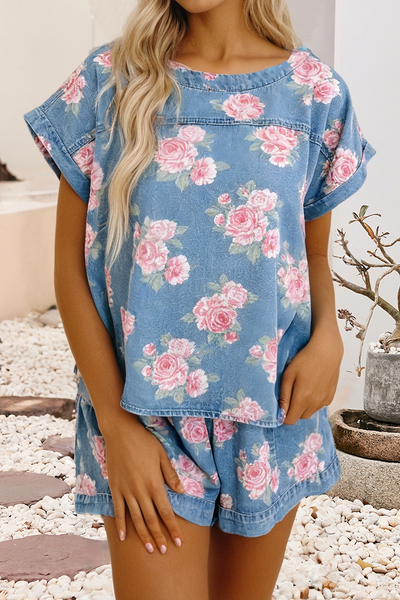 LDC Cuffed Retro Floral Top Loose Shorts 2pcs Denim Set: Sky Blue