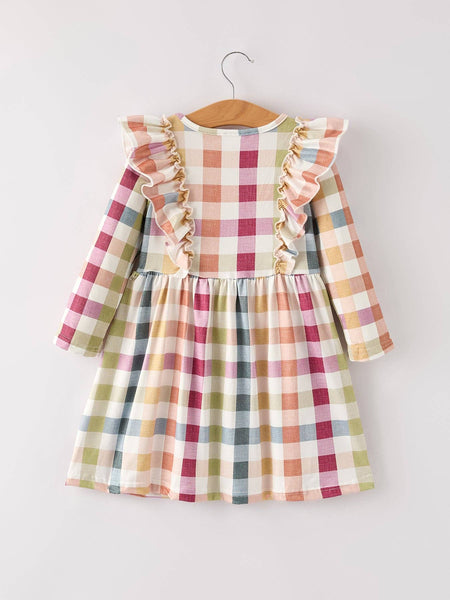 Fall Thanksgiving Plaid Long Sleeve Girls Dress:
