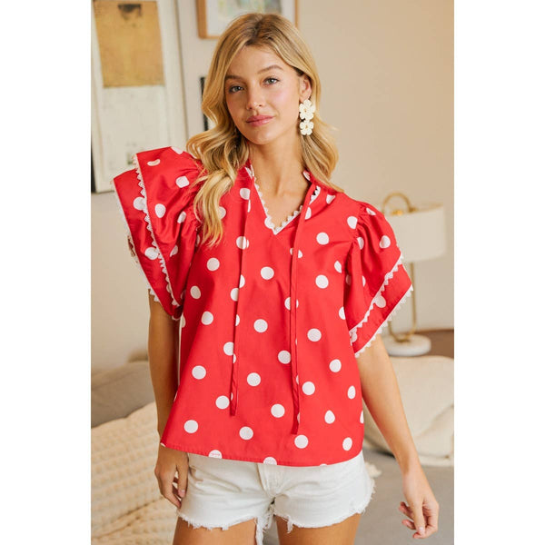 POLKA DOT PRINTED RUFFLE TRIM EDGE BLOUSE TOP: RED / S