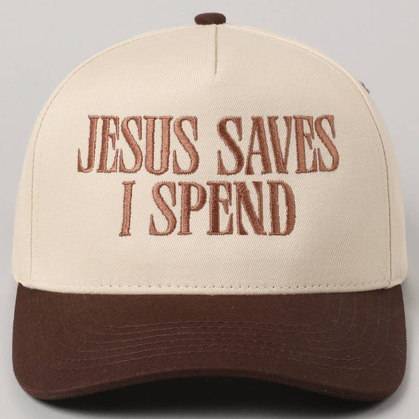 JESUS SAVES I SPEND Embroidery Trucker Hat: HOT PINK