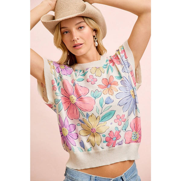 FLOWER ARTWORK PRINTED COZY KNIT TOP: FLOWER / 2X
