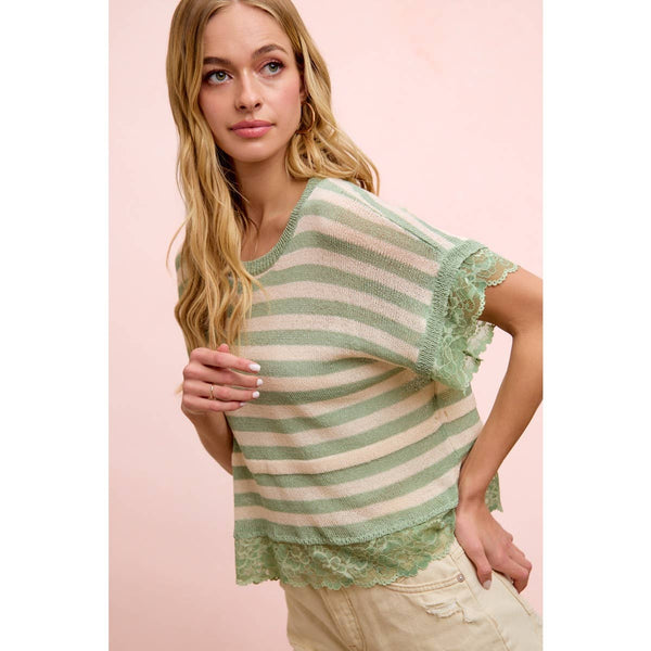 STRIPED CONTRAST LACE DETAIL LIGHTWEIGHT KNIT TOP: PALE BANANA / M