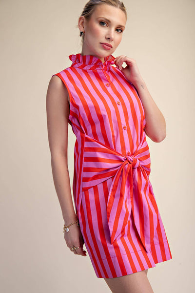 Ruffle Neck Sleeveless Waist Tie Detail Stripe Mini Dress: Pink