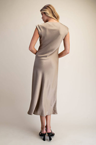 Short-Sleeve Cowl-Neck Slip Midi Dress: Cream