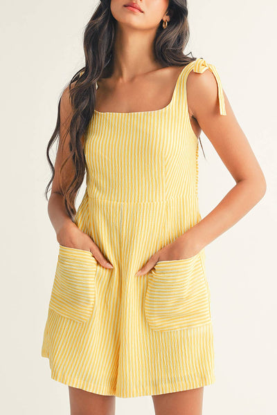 LDC Stripe Shoulder Tie Smocked Back Wide Leg Casual Romper: Yellow