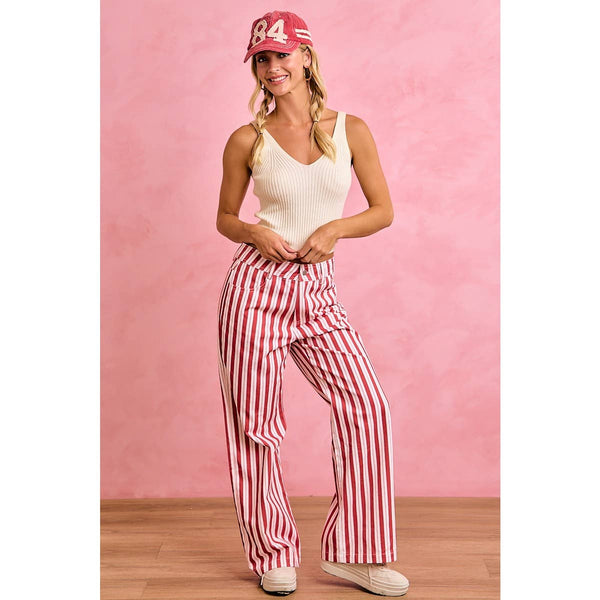 GAMEDAY THEME STRIPE HIGH RISE FLARE PANTS: RED