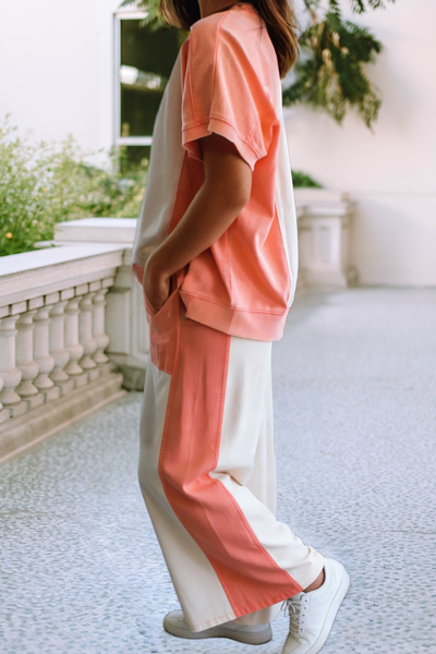 LDC Color Block Patchwork Tee Drawstring Loose Pant Set: White