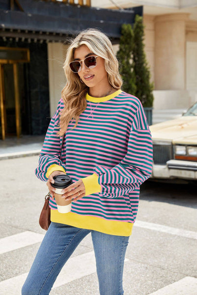 Striped Crew Neck Contrast Color Loose Long Sleeve Sweater: Blue and white stripes