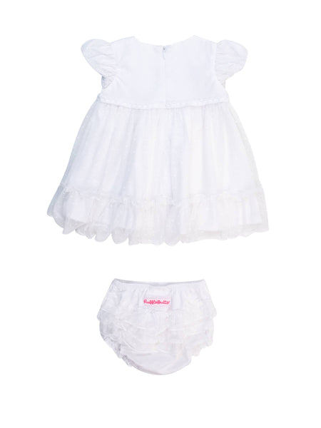 Baby Girls White Dotted Tulle Dress & RuffleButt Set: