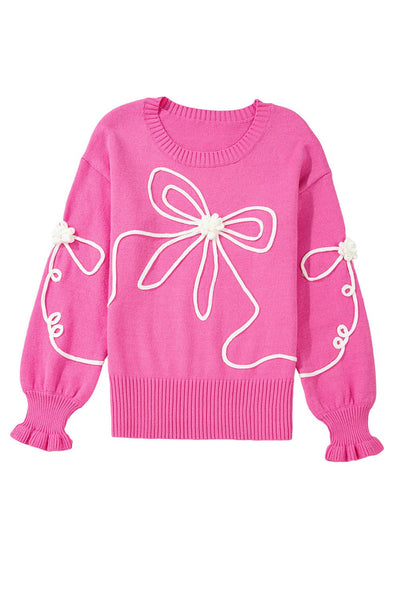 Ribbed Corded Flower Bow Knot Sweater