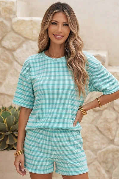LDC Stripe Rib Loose Drawstring Elastic Waist 2pcs Short Set: Sky Blue Stripe