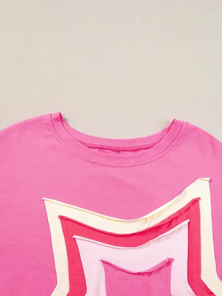 Colorblock Star Patched Half Sleeve Oversized Tee pink