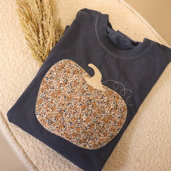 Denim Navy Fall Floral Pumpkin Short Sleeve: