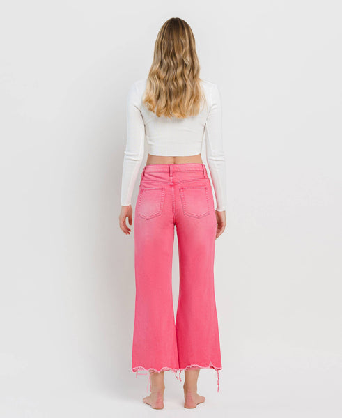 90'S VINTAGE SUPER HIGH RISE CROP FLARE JEANS V2736HP: HOT PINK