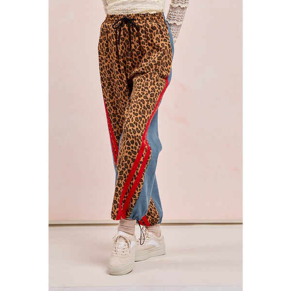 WASHED LEOPARD DENIM MIX AND MATCH JOGGER PANTS: LEOPARD/DENIM