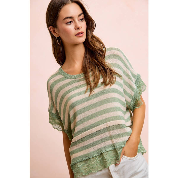 STRIPED CONTRAST LACE DETAIL LIGHTWEIGHT KNIT TOP: PALE BANANA / M