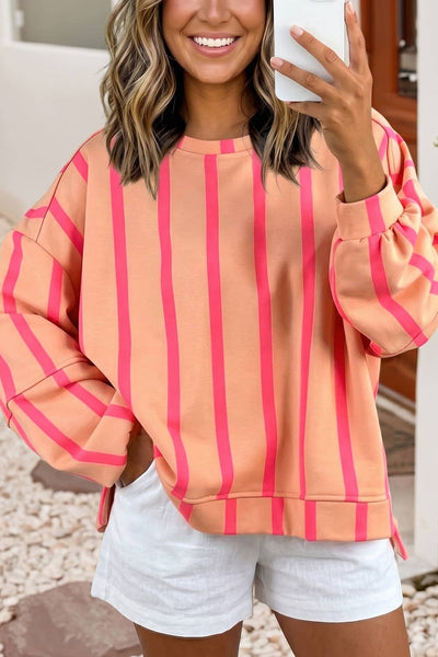 Stripe Dropped Shoulder Round Neck Sweatshirt: Pink Stripe