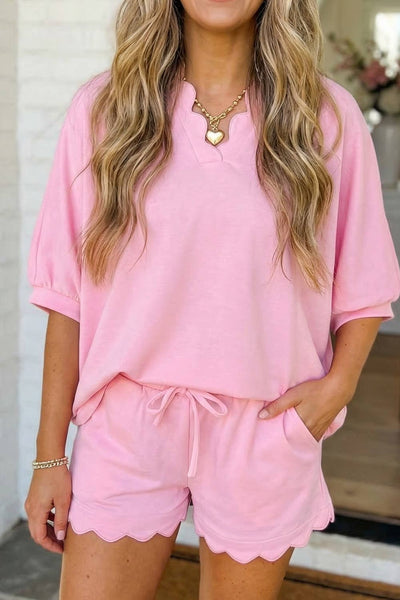 LAS Scalloped Oversize Top Drawstring Short Set Pink