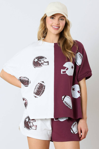 Game Day Helmet&football Color Block Top: WHITE/CRIMSON