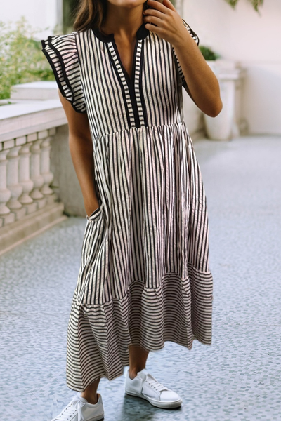 LDC Spring 2026 Ruffled Stripe Contrast Trim V Neck Dress: Brown Stripe