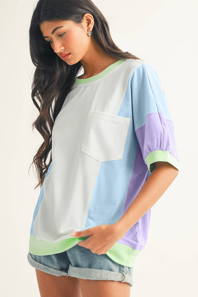 LDC Color Block Patchwork Half Sleeve Oversized T Shirt: Purple