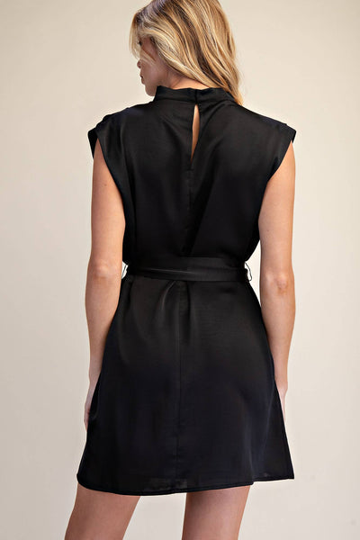 Mock Neck Waist Tie Sleeveless Mini Dress: Black