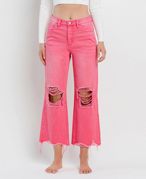 90'S VINTAGE SUPER HIGH RISE CROP FLARE JEANS V2736HP: HOT PINK