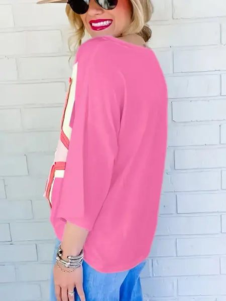 Colorblock Star Patched Half Sleeve Oversized Tee pink