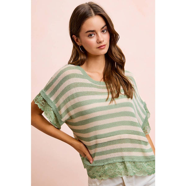 STRIPED CONTRAST LACE DETAIL LIGHTWEIGHT KNIT TOP: PALE BANANA / M