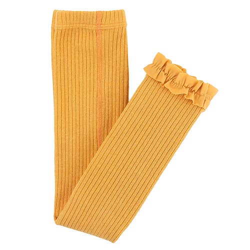 Girls Honey Mustard Rib Knit Footless Ruffled Tights: