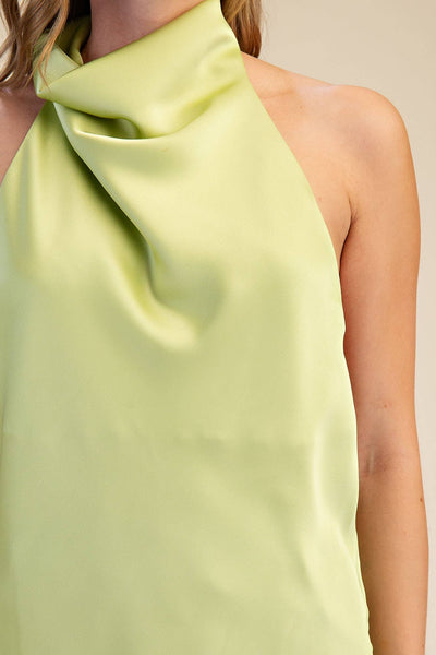 Halter Neck Cowl Neck Sleeveless Openback Satin Top: Dusty Blue / S