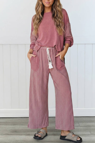 LAS Striped Patchwork Pocket Casual 2pcs Lounge Set