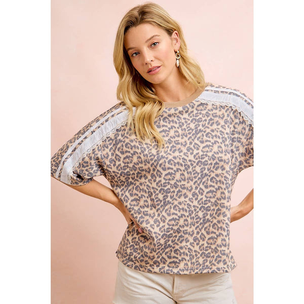 LEOPARD TERRY SIDE DETAIL SHORT SLEEVES TOP: