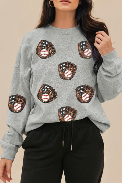 Sequin Baseball Patched Casual Sweatshirt: Gray