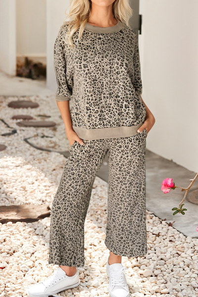 Spring Western Leopard Patchwork Pullover Wide Leg Pant Set: Khaki