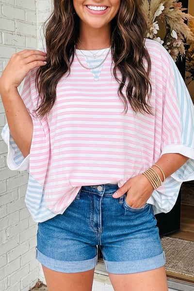 LAS Striped Dolman Sleeve Patchwork Oversize T Shirt Red Stripe