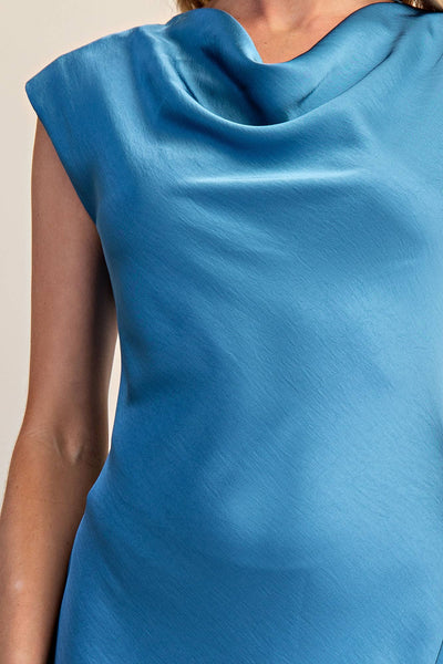 Short-Sleeve Cowl-Neck Slip Midi Dress: Cream