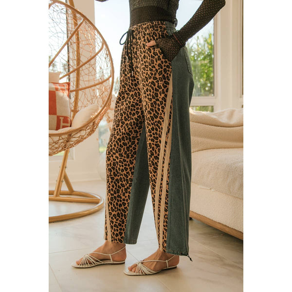 WASHED LEOPARD DENIM MIX AND MATCH JOGGER PANTS: LEOPARD/DENIM